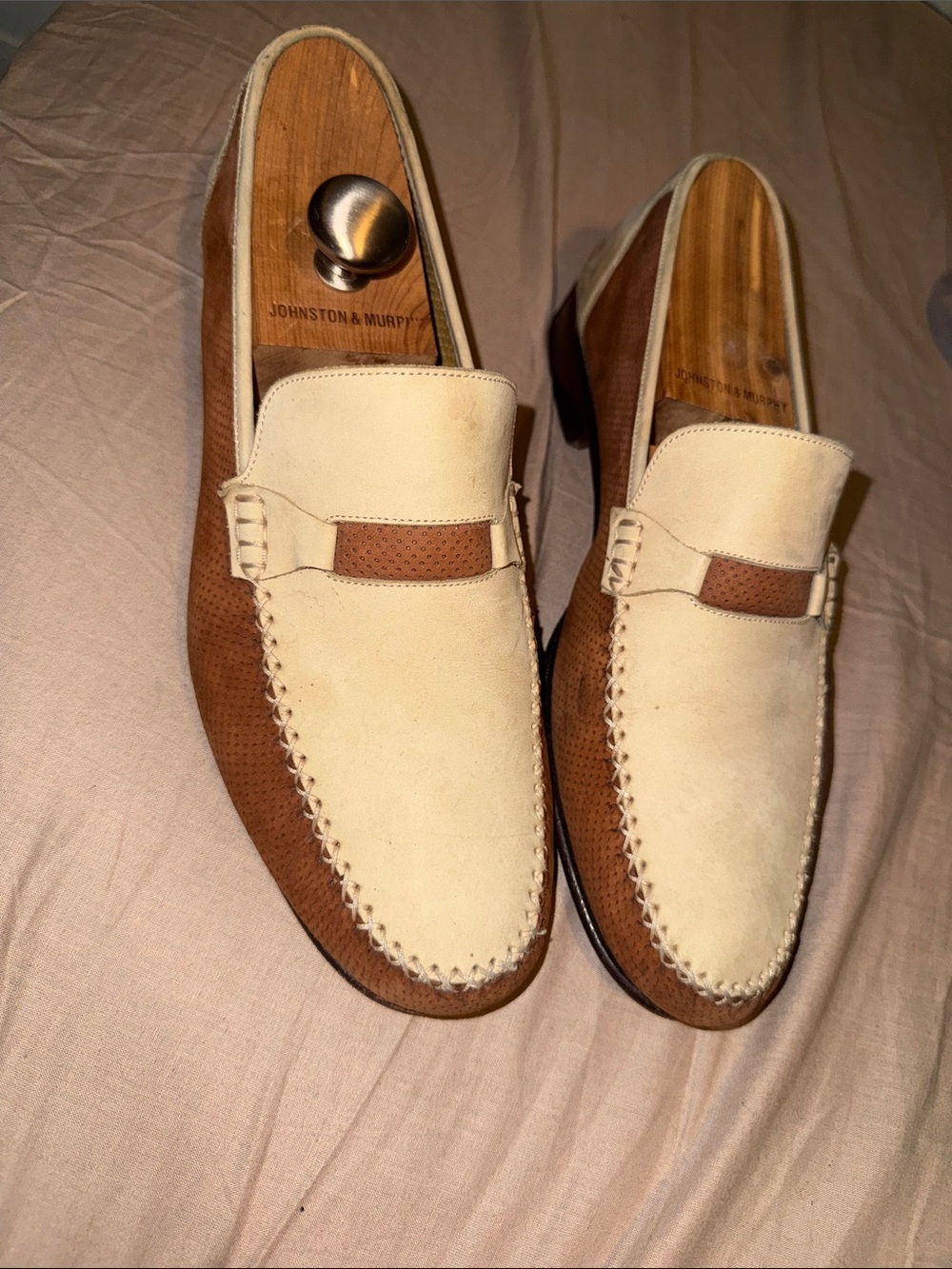 Johnston & Murphy Cream and Brown Suede Leather Penny Loafers